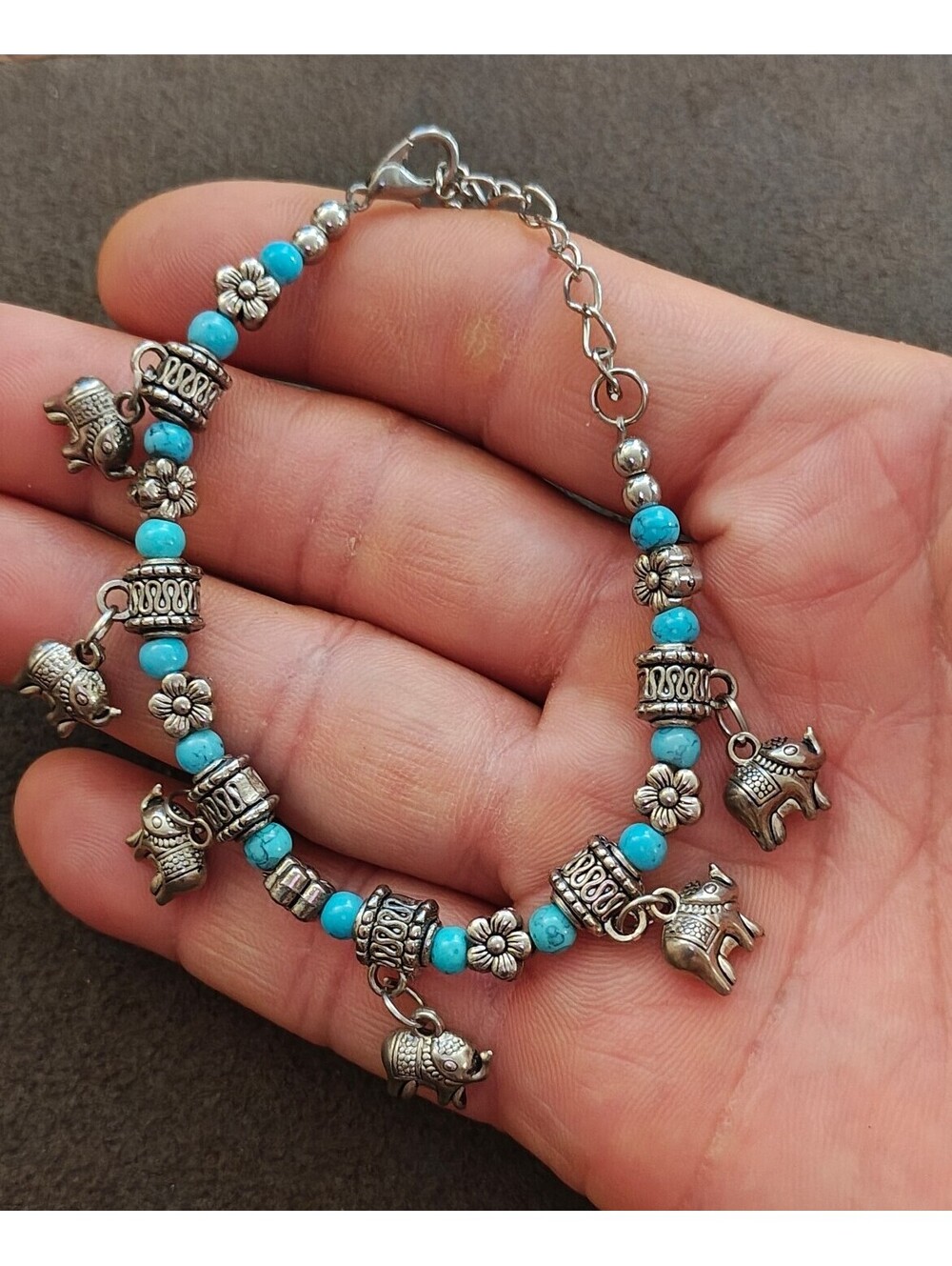 Bohemian Style Turquoise Beaded Elephant Charm Bracelet